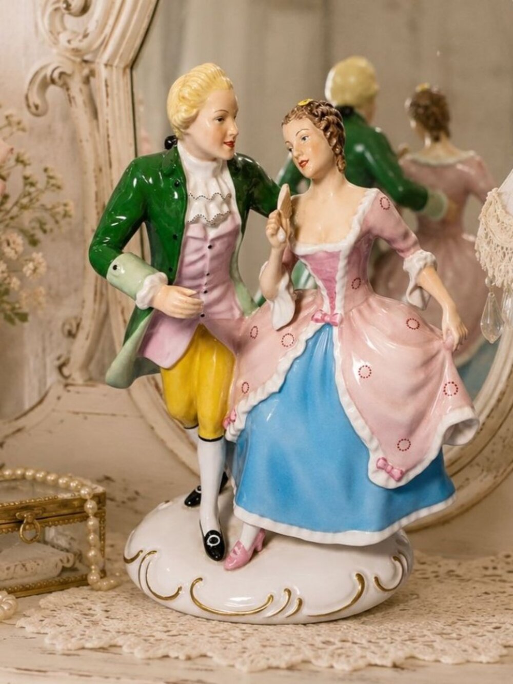 Royal Dux Antique Porcelain Figurine Victorian Couple Dancing WW1 Era Lady W Fan